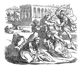 Vintage drawing or engraving of biblical story of massacre of innocents. Soldiers are killing babies or infants, mothers are crying.Bible, New Testament,Matthew 2. Biblische Geschichte , Germany 1859.