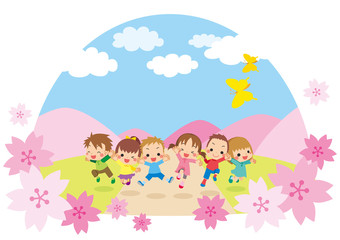 桜舞う春の日に大自然の中でジャンプする元気な子供たち【ドーム型】