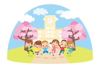 桜舞う春の日に小学校の前でジャンプする元気な子供たち【ドーム型】