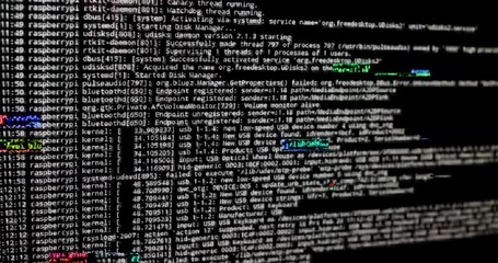 Computer software errors with glitch on system server log lines. Concept for computer virus and data breach hacking. Glitch and noise errors on computer screen code. Hacker activity broke technology - Powered by Adobe