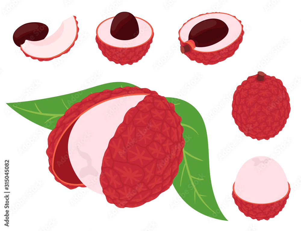 Poster lychees icons set. isometric set of lychees vector icons for web design isolated on white background
