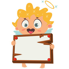 Cute cupid with a white wooden sign or message board for your text. Valentine's day symbol. Cartoon vector illustration of amur isolated on a white background.