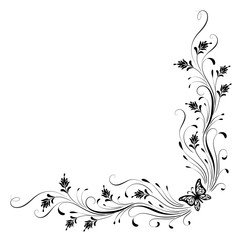 Fototapeta premium Decorative floral corner ornament with butterfly for stencil isolated on white background