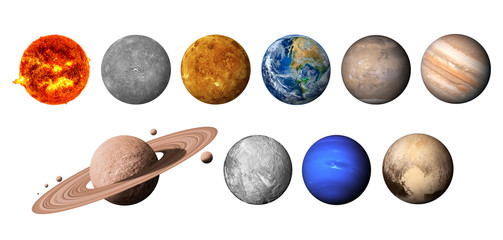 The solar system consists of the Sun, Mercury, Venus, Earth, Mars, Jupiter, Saturn, Uranut, Neptune, Pluto. isolated on white background.Elements of this image furnished by NASA © chathuporn