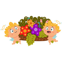Couple of cupids holds in hands basket of flowers. Valentine's Day symbol. Cartoon vector illustration isolated on a white background.