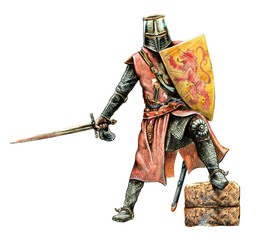 Medieval knight attack illustration. Battle with Johanniter knight. Medieval battlefield and Conquest of Jerusalem. - obrazy, fototapety, plakaty