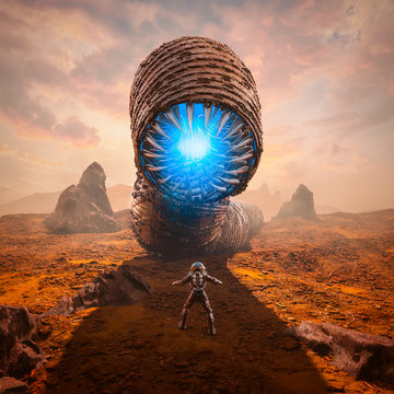 Guardian of the sands / 3D illustration of science fiction scene showing astronaut encountering giant giant alien worm monster on desert planet