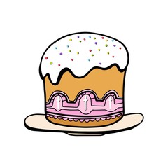 Easter cake with colorful sprinkles in cartoon style isolated in white background.