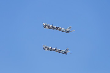 Moscow, Russia - May 04, 2018: Russian strategic bomber Tupolev Tu-95 during Victory Day parade rehearsal