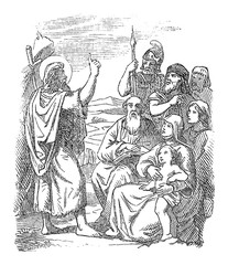 Vintage drawing or engraving of biblical story of John the Baptist baptizing people in the Jordan River.Bible, New Testament,Matthew 3. Biblische Geschichte , Germany 1859.
