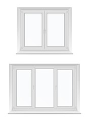 White isolated plastic windows, vector design with PVC frames and glass. Inside view of realistic double casement windows with sills, hinges and locking handles, room interior element