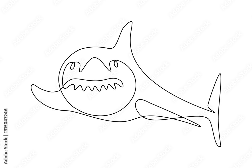 Wall mural funny cartoon shark fish in continuous line art drawing style. minimalist black linear sketch on whi