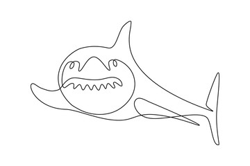 Funny cartoon shark fish in continuous line art drawing style. Minimalist black linear sketch on white background. Vector illustration