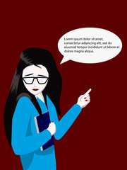 Girl with comment. Flat illustration. Student girl