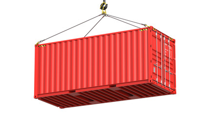 Red twenty feet cargo container hanging on a crane hook Isolated on white background. 3d rendering Illustration of a shipping contaner as a concept of import and export or moving  - obrazy, fototapety, plakaty