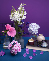 Still life of many flowers in different vases on a blue-purple background. Greeting card with space for text, in the art style.