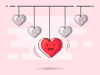 Set of hanging hearts with one glowing. Trendy flat vector heart icons with concept of love on white background. 