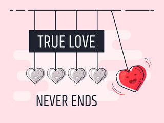 True Love never ends. Newton's cradle with glowing heart. Trendy flat vector heart icons with concept of love on red background.