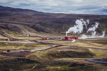 Aerial view withunits of Krafla Power Station, largest geothermal power station in Iceland