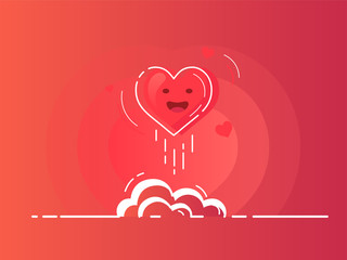 Red heart rocket launch for love boost. Trendy flat vector on white background. Vector Illustration. 