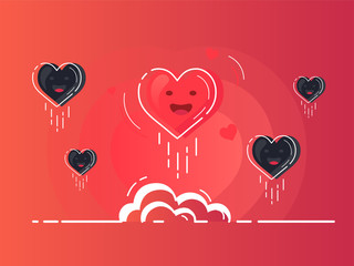 Set of flying hearts with one glowing rocket launch. Trendy flat vector heart icons with concept of love on white background. 