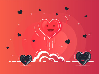 Set of flying hearts with one glowing rocket launch. Trendy flat vector heart icons with concept of love on white background. 