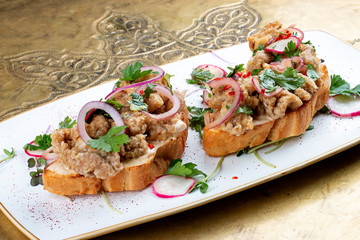 Brains on toast crispy Golden brown. Classic retro Russian dish