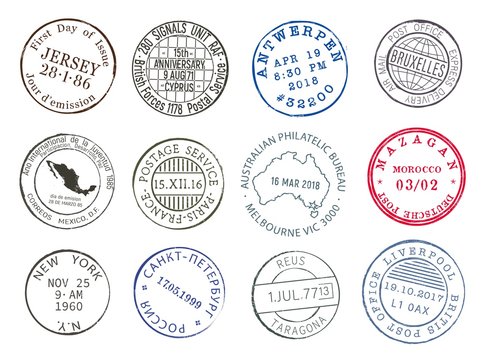 Post mail delivery stamp contours with city and dates, vector icons. Airmail postage and post office delivery stamps of New York, Paris or Mexico and Antwerp, Melbourne, Brussels and Russia