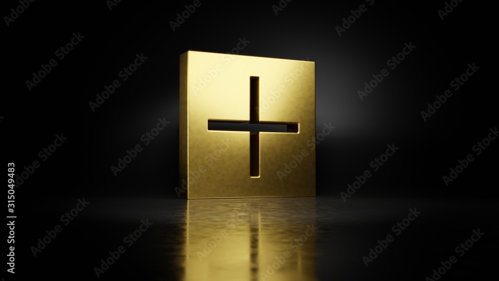 Poster gold metal plus symbol 3d rendering with blurry reflection on floor with dark background