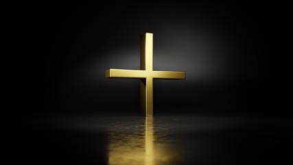 gold metal plus symbol 3D rendering with blurry reflection on floor with dark background