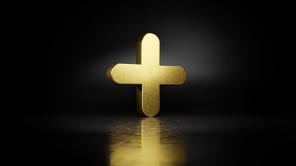 Obraz premium gold metal plus symbol 3D rendering with blurry reflection on floor with dark background