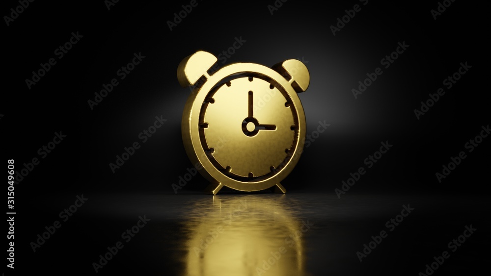 Poster gold metal symbol of alarm clock 3d rendering with blurry reflection on floor with dark background