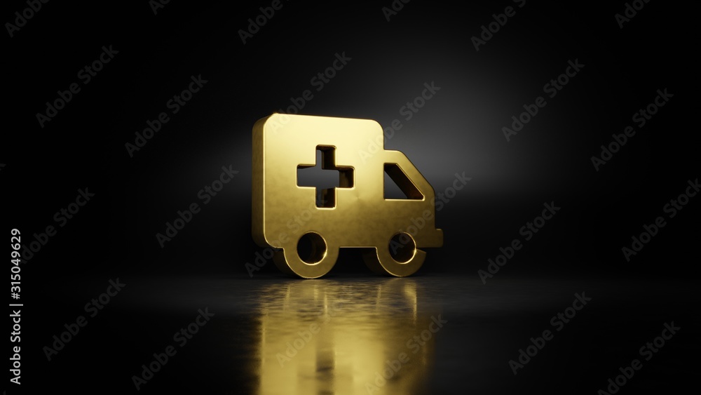 Poster gold metal symbol of ambulance 3d rendering with blurry reflection on floor with dark background