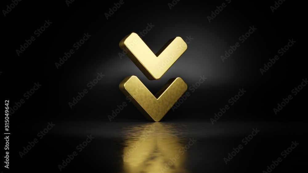 Poster gold metal symbol of angle double down 3d rendering with blurry reflection on floor with dark backgr
