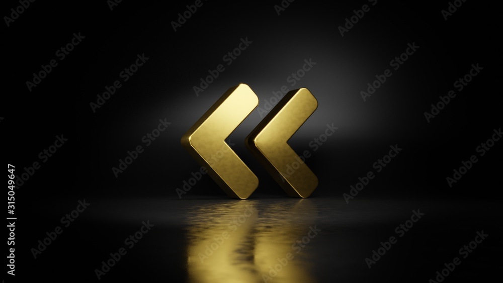 Poster gold metal symbol of angle double left 3d rendering with blurry reflection on floor with dark backgr