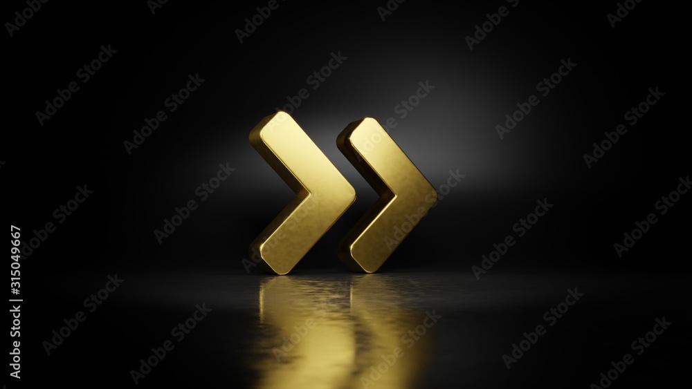 Poster gold metal symbol of angle double right 3d rendering with blurry reflection on floor with dark backg