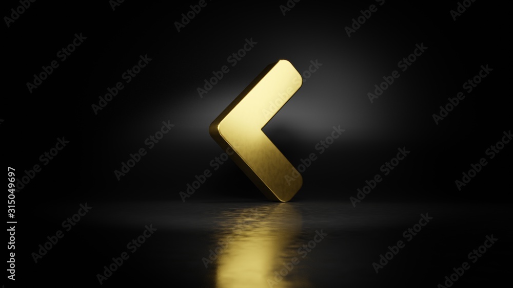 Poster gold metal symbol of angle left 3d rendering with blurry reflection on floor with dark background