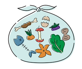 生ゴミ（魚の骨、リンゴの芯、卵の殻）のイラスト