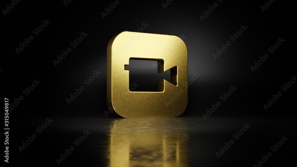 Poster gold metal icon of camera app 3d rendering with blurry reflection on floor with dark background
