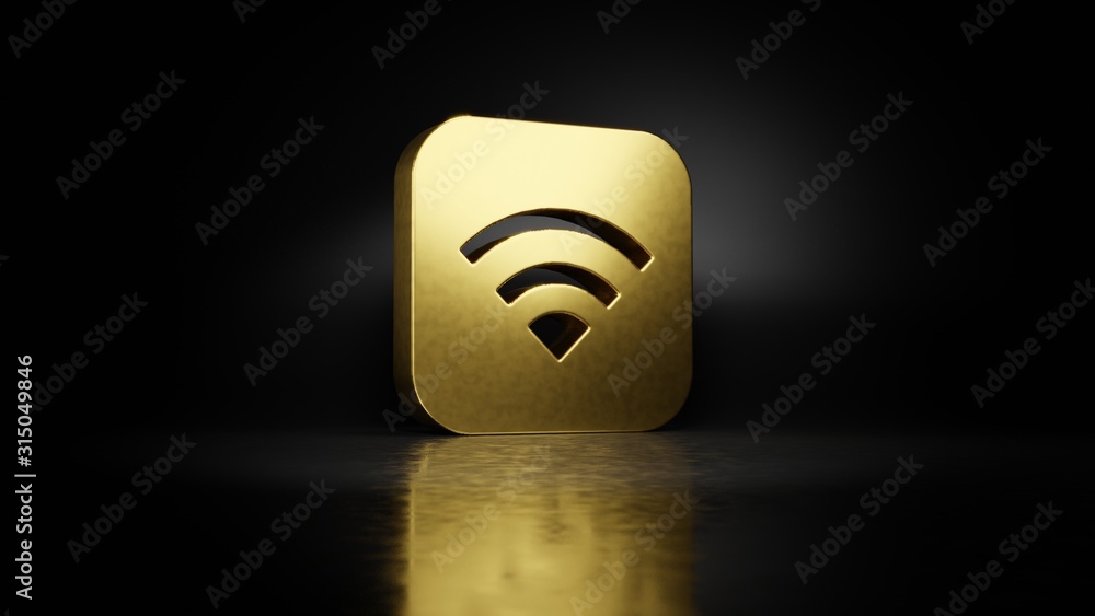Poster gold metal icon of signal app 3d rendering with blurry reflection on floor with dark background