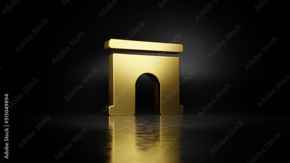 Poster gold metal symbol of archway 3d rendering with blurry reflection on floor with dark background