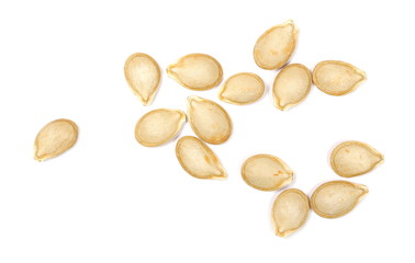 Dry muscat squash seeds isolated on white background, top view