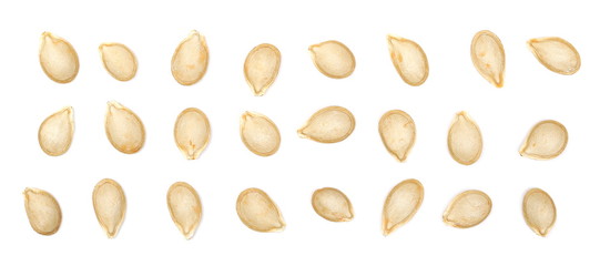 Dry muscat squash seeds set and collection isolated on white background, top view