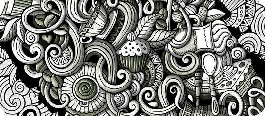 Cafe hand drawn doodle banner. Cartoon detailed flyer.