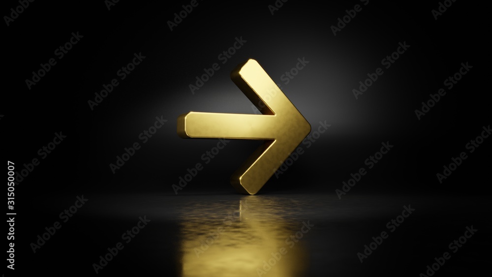 Poster gold metal symbol of arrow right 3d rendering with blurry reflection on floor with dark background