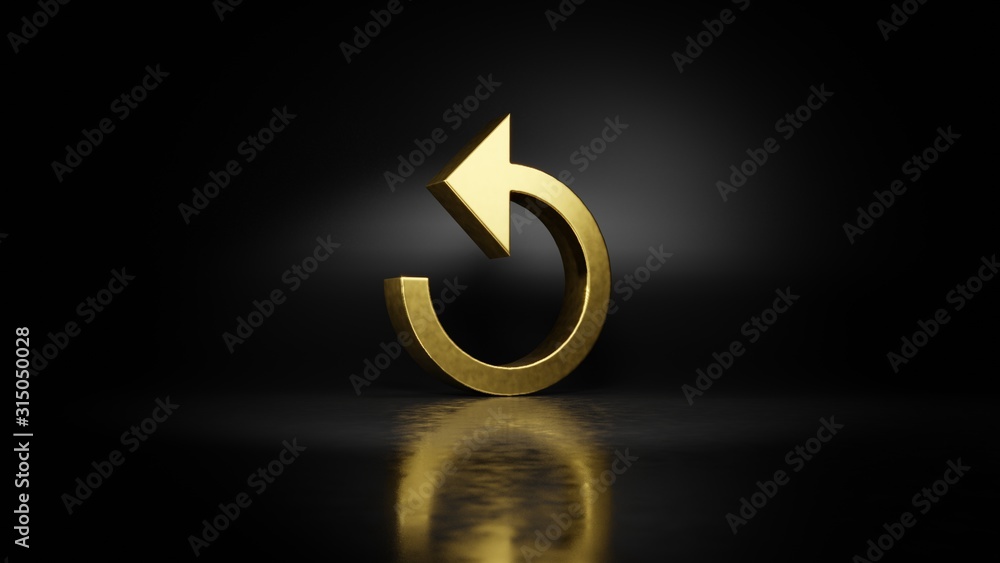 Aufkleber gold metal symbol of refresh arrow 3d rendering with blurry reflection on floor with dark background