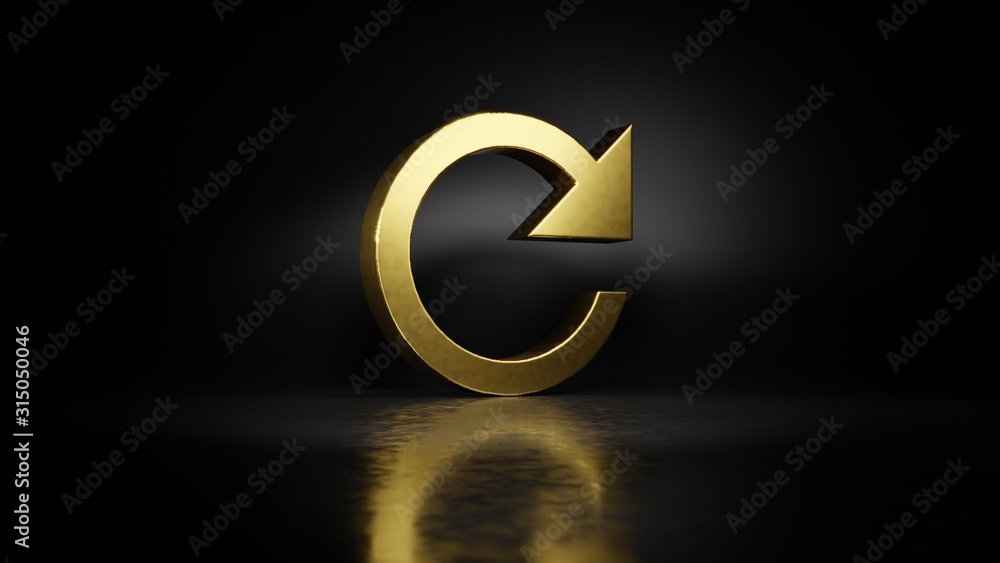 Aufkleber gold metal symbol of refresh arrow 3d rendering with blurry reflection on floor with dark background