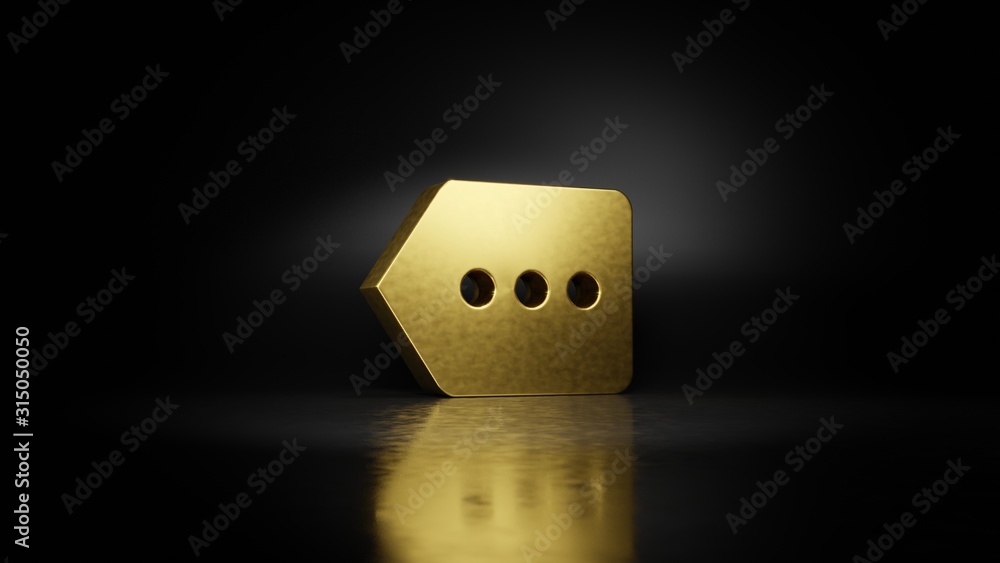 Poster gold metal symbol of left arrow 3d rendering with blurry reflection on floor with dark background