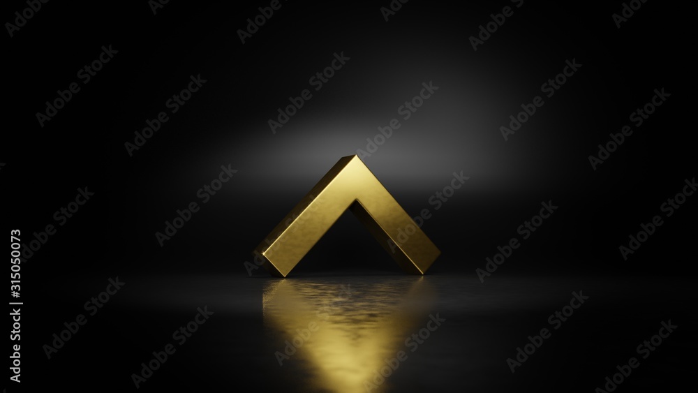 Poster gold metal symbol of up arrows 3d rendering with blurry reflection on floor with dark background