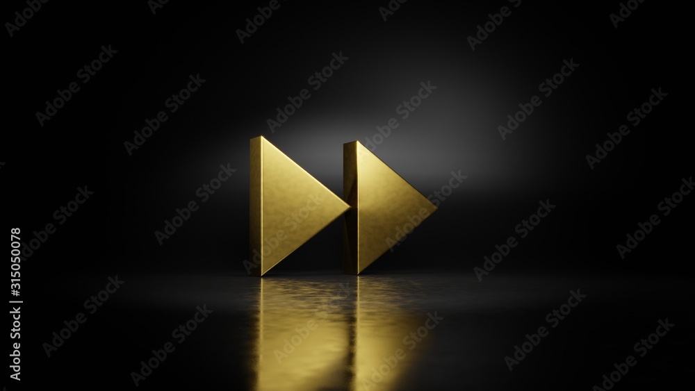 Poster gold metal symbol of double right arrows 3d rendering with blurry reflection on floor with dark back